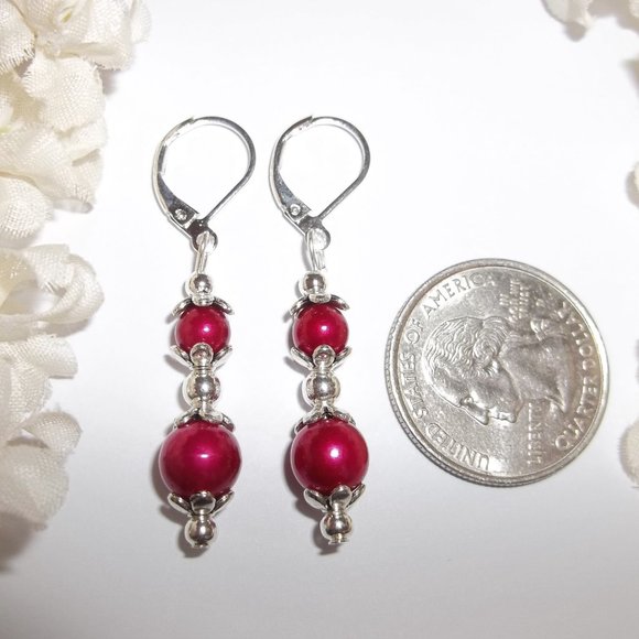 Pearl Earrings Red and Silver Beaded Dangle Drop Jewelry Set Pair NWT Gift 7350 - Picture 2 of 8